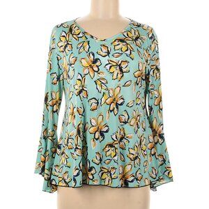 Fashion Caribe Light Green Blue Floral Long Bell Sleeve Blouse Size Medium